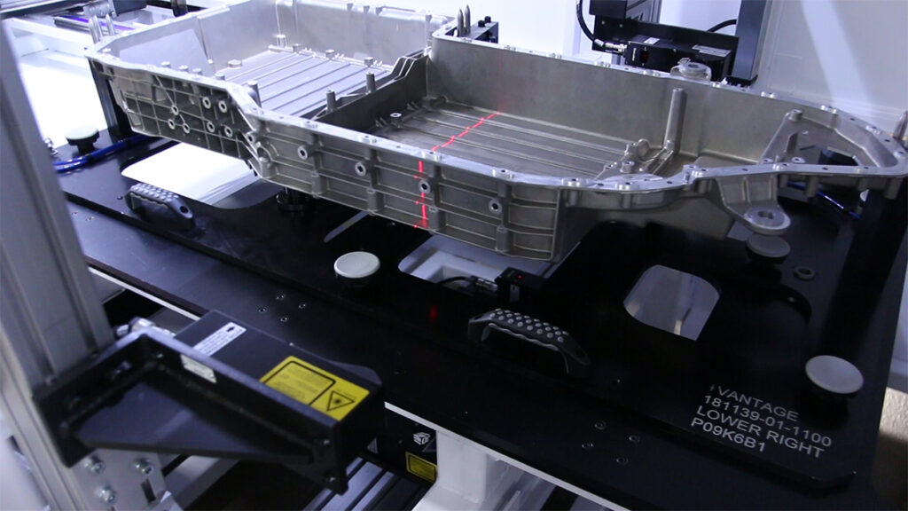 An EV battery tray inside the Flex-Scan automated inspection machine